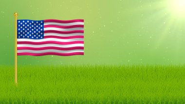 Güzel yeşillikler, çimenler ve parlak güneş ışığı içinde altın bayrak direğiyle ABD bayrağını sallıyordu. Amerika 'nın güzel Birleşik Devletleri Ulusal Bayrağı.