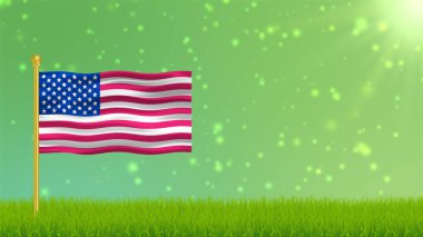 Parlak güneş ışığı ve parlak parçacıklarla yeşil ortamda dalgalanan ABD bayrağı. Ulusal bayram ve etkinlikler konsepti.