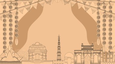 Hint tarihi anıtları ve hafif orenge rengi ve eskiz desenli süslemeler. Ulusal bayram kutsama ve selamlama kavramı.