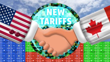 Kanada ve ABD, bayrak sallama, dijital unsurlar ve konteynır geçmişi olan yeni ticaret politikası üzerinde el sıkışıyorlar. Kanada 'da yeni tarifeler kavramı.