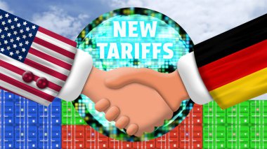 Almanya ve ABD 'nin yeni gümrük tarifesi politikası dijital elemanlar ve konteynır arkaplanı üzerinden el sıkışıyor. ABD ve Almanya arasındaki uluslararası ticaret savaşı kavramı.