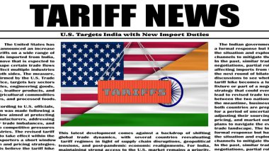 ABD ve Hindistan ulusal bayrağında asılı konteynır ve gümrük vergisi manşetleriyle Gümrük Ticareti savaş haberleri. Amerika ve Hindistan arasındaki ticaret savaşı..