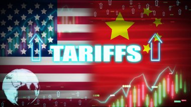 ABD ve Çin ulusal bayrağı ve sayılarla dijital unsurlarla birlikte tarifeler animasyonu artırır. ABD ve Çin Ticaret Savaşı kavramı.