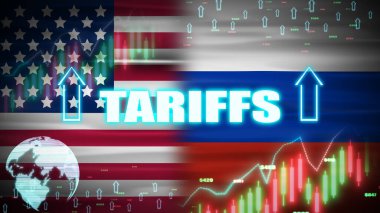 ABD ve Rusya arasındaki gümrük tarifeleri artıyor. Dijital grafik yukarı, parlak qglobe ve sayılar yukarı hareket ediyor..