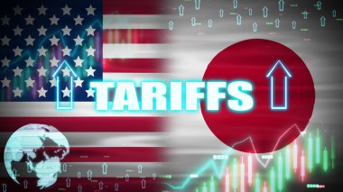 Japonya ve ABD arasındaki gümrük vergisi politikası dijital elementler ve dalgalı bayraklar ile animasyon konsepti. Amerika ve Japonya arasındaki ticaret savaşı..