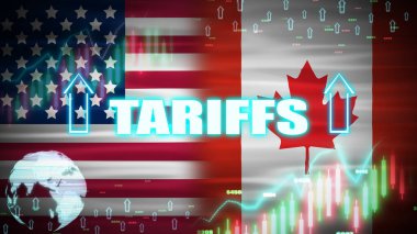 Usa ve Kanada ticaret savaş konsepti gümrük tarifeleri, dijital unsurlar ve dalgalanan bayraklar. Kanada ve ABD arasındaki ticaret politikası kavramı