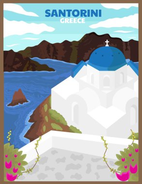 Santorini 'nin Resim Vektörü Yunanistan Vintage Seyahat Posterleri