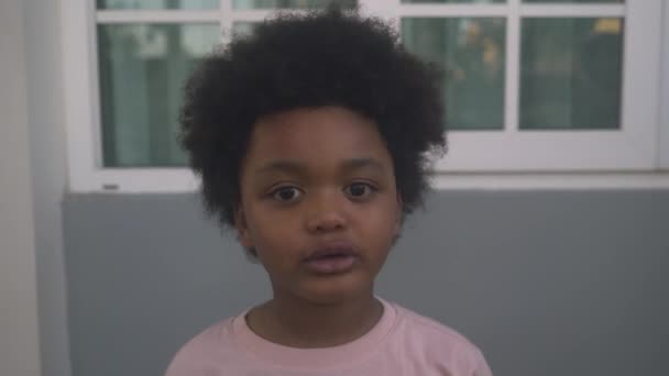 Portrait African American Little Boy Looking Web Cam Wave Hand — Stock Video