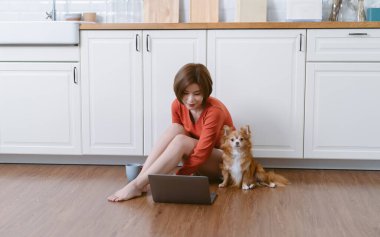 Güzel Asyalı kadın güzel köpeğiyle mutfakta yerde oturuyor ve dizüstü bilgisayar kullanıyor. Mutlu bin yıllık Koreli kız internette internette sörf yapıyor. Yeni normal, dost canlısı köpek konsepti