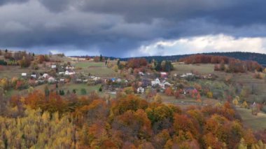 Sonbaharda ağaçların rengarenk manzaralı resimli köy manzarası