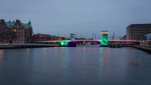 Timelapse Clip Copenhagen Light Festival Famous Bridge Knippelsbro Harbour Canal — Stock Video