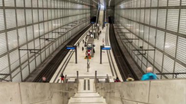 Commuter trains arriving and departing W Leuschner Platz Station in Leipzig, Germany