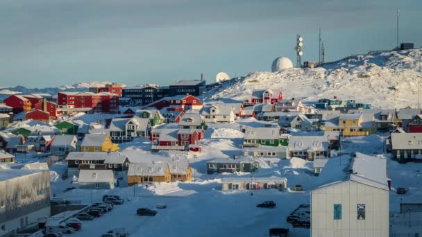 Idő Lapse Klipet Nuuk Grönlandon Városi Házak Látható Téli Reggeli — Stock videók