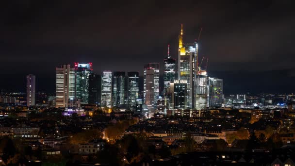 Upływ Czasu Frankfurt Skyline Niemczech Widziany Nocy — Wideo stockowe