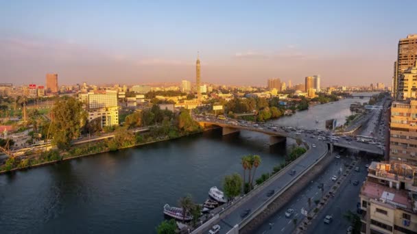 День Вночі Тімелапсе Каїрі Єгипет Річкою Ніл Протікає Острові Гезіра — стокове відео