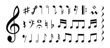 Müzik notaları. Müzikal şarkı melodisi melodi tuşu simgeleri, senfoni ses tonu sabitleme kağıdı tasarımı düz stil. Melodi anahtarı klasik illüstrasyonunun vektör izole koleksiyonu