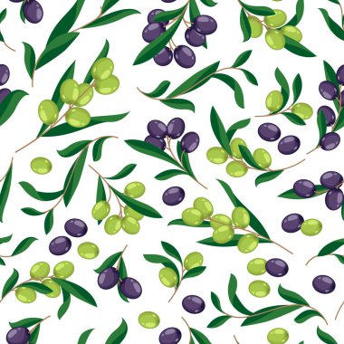 Zeytin deseni. Ağaç dalında zeytin, kağıt, tekstil ve kumaş ambalajı için Akdeniz meyvesinin karikatür desenli arkaplanı. Kusursuz zeytin arkaplan resimlemesinin vektör dokusu