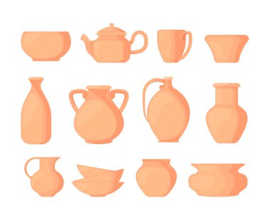 Çamur vazoları. Seramik antik çömlekçilik mutfak gereçleri, toprak kap kap kap çaydanlık kavanozu sürahi çatal bıçakları dekoratif mutfak malzemesi düz stil. Vazo kil illüstrasyon vektör kümesi