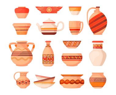 Seramik kaplar. Dekoratif desenli antik kil çömlek nesneleri, antika sürahi vazo vazosu vazo sürahisi eşyalar. Antik kil çömlek çiziminin izole vektör kümesi