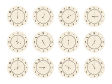 Saat ayarlandı. Yuvarlak izleme yüzleri, Arap Roma rakamlarıyla çevrili, farklı zamanı gösteren on iki çevirmeli element analog görüntüsü. Saat yuvarlak illüstrasyonunun vektör izole koleksiyonu