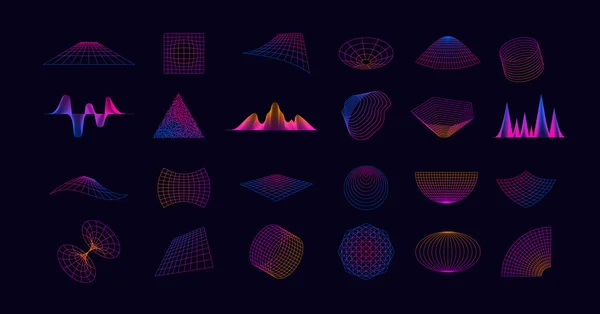 Kolekce Neonových Sítí Retro Cyberpunk Glitch Prvky Abstraktní Futuristické Geometrické — Stockový vektor