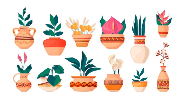 Scandinavian Vases Plants Group Ceramic Pottery Flower Bouquet Minimal Cartoon — Stock Vector