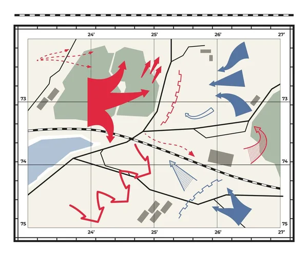 Oorlogskaart Geografie Vechten Verdediging Plan Met Navigatie Pijl Pictogrammen Verkenning — Stockvector