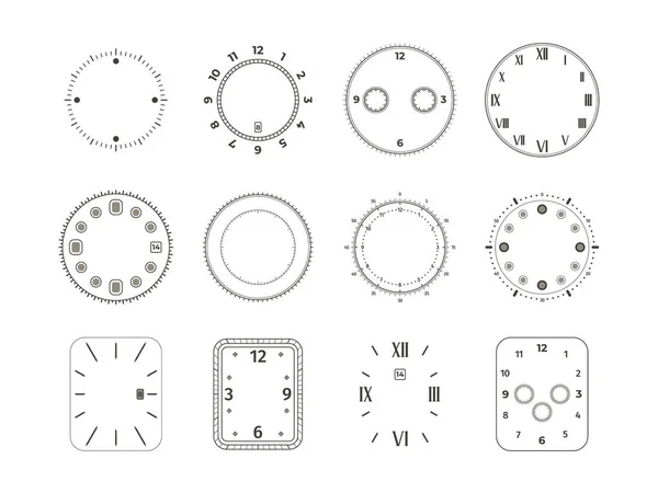 模拟时钟脸 钟表刻度盘与计时器秒表 典雅的老式圆环机械腕表元件 矢量隔离的时间钟表图解集 — 图库矢量图片