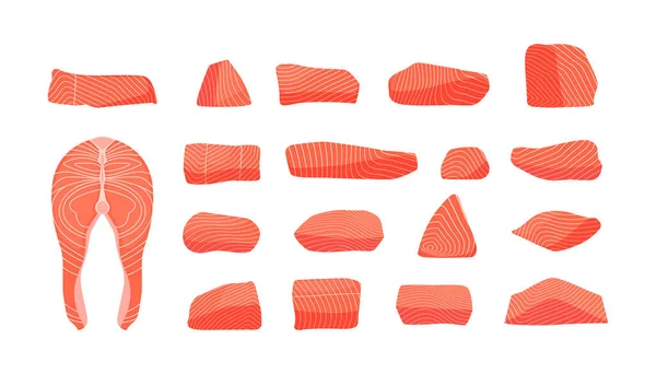 Collezione Salmoni Fresco Crudo Fette Pesce Rosso Cartone Animato Stile — Vettoriale Stock