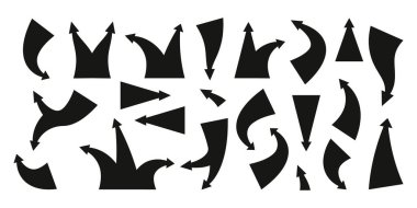 Kara saldırı okları. Sivri uçlu siluetler eski harita için savaş bilgili unsurları, basit düz taktik imleç simgeleri. Okun izole edilmiş siyah tasarım illüstrasyonunun taşıyıcı koleksiyonu