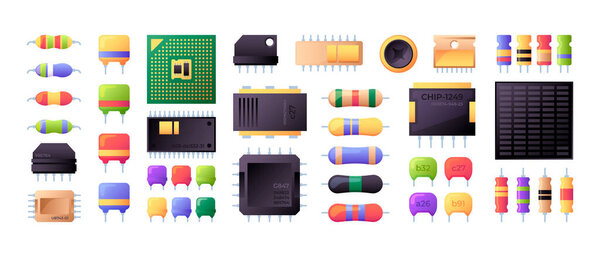 Semiconductor collection. Electrical components chip capacitor microchip processor battery resistor of semiconductor colleciton illustration component