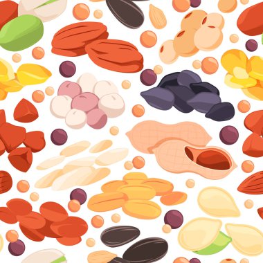 Tohum örnekleri. Ayçiçeği ketenli keten, kinoa fındık taneciklerinin kusursuz baskısı, ambalaj kağıdı için renkli organik gıda arka planı. Desen tohumu arkaplan besin illüstrasyonunun vektör dokusu