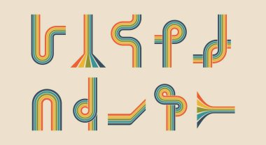 70 'lerin poster elementleri gökkuşağı koleksiyonu izole edilmiş. Gökkuşağı eğrisinin vektörü ve renkli, geometrik 70 'ler ve 60' ların modaya uygun illüstrasyonu