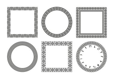 İskandinav rünü çerçeveleri. Runik sembollerle süslenmiş İskandinav futhark dekoratif sınırları, Kuzey geleneksel Viking süslemeleri. İskandinav Viking çerçeve illüstrasyonunun vektör koleksiyonu