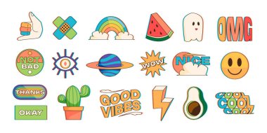 Çıkartma koleksiyonu. Renkli geçmişe dönük tasarımı olan modaya uygun geometrik etiketler, çizgi film tarzında sevimli modern hipster rozetler ve yamalar. Vektör izole edilmiş hipster moda rozet çizelgesi