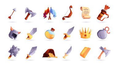 Fantezi oyun ikonları. Karikatür ortaçağ silah ikonları, altın sikkeler hazine sandığı bayrağı eski papirüs sihirli iksir şişesi, UI RPG için düz varlık. Oyun simgesi tasarımının vektör illüstrasyonu