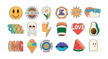 Moda etiketi. Çizgi film karalama yamaları ve soyut çizgi roman karakterleri ve metin içeren pullar, komik cümleli moda hipster rozetleri. Grafik komik yapıştırma ve yama illüstrasyonunun vektör kümesi