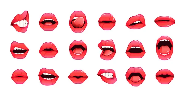 赤い女性の唇 さまざまな感情を持つ漫画の女性の口の中に笑顔舌をキス 突然のふっくらした女の子の唇の表情 ベクトルカラフルなセットの女性の口漫画の女性イラスト — ストックベクタ