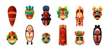 African ritual masks. Traditional ceremonial tribal human face shaped totems, indigenous folk decorative zoomorphic muzzle cartoon style. Vector flat set. Wooden tropical idols, culture clipart