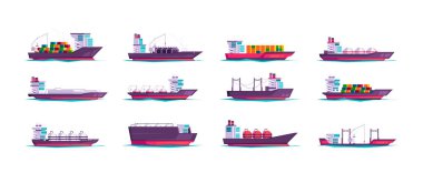 Cargo ships. Sea vessel tanker with shipping containers, commercial freighter shipment cartoon flat style, import export global logistics concept. Vector set. Large water transport for trading