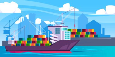 Freight ship in port. Cartoon marine dock with barge loading containers, international seaport terminals and shipyard with vessels. Vector flat illustration. Importing goods, global commerce