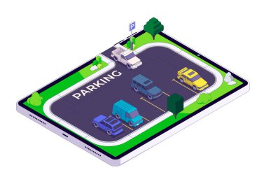 Isometric parking. City cars in parking lot, flat automobile icons on reserved place, urban auto traffic, carsharing carpooling concept. Vector illustration. Tablet with application for parking