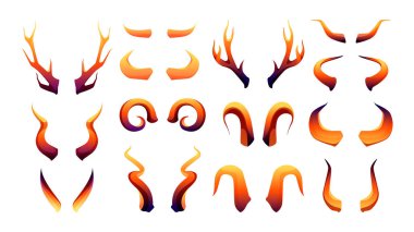 Devil horns. Evil monsters antlers, parts of demon body for Halloween masquerade decoration, cartoon flat mysterious attributes. Vector collection. Wild animal objects isolated on white