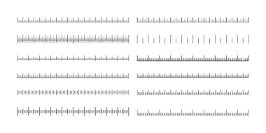 Ölçek ölçüsü. Metre inç işaretli çizgi cetvel bandı, boyut göstergeli ölçüm aletleri, matematik geometrik aletleri. Vektör izole edildi. Doğru uzunluk, eğitim kavramı