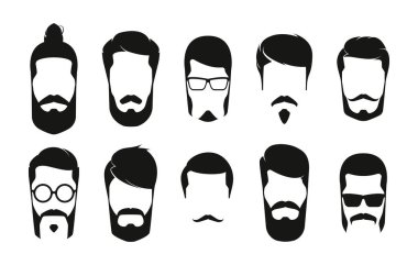 Sakallı adam kafası. Hipster şık erkek portreleri bıyıklı ve sakallı, farklı saç stilleri olan, siyahi erkek yüzleri. Vektör düz set. Çeşitli saç stilleri olan karakterler