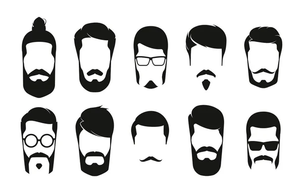 髭の男の頭だ 口ひげと髭を持つヒップスターダッパー男性の肖像画 異なる髪型と黒のスケッチ紳士の顔 ベクトルフラットセット 髪型の異なる登場人物 — ストックベクタ