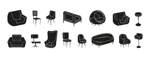 Cadeiras Silhueta Preto Confortável Assentos Objetos Mobiliário Bancos Doodle Poltronas —  Vetores de Stock