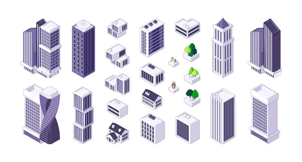 Isometric City Constructor Kit Modern Cityscape Elements Architecture Buildings Skyscrapers — Stock Vector