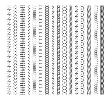Nakış dikişleri. Çiçekli ve geometrik motifli tekstil tasarımı için ayrıntılı dikiş kalıpları. El yapımı vektör grafikleri. Zigzag ve dalgalı çizgi sınırlarını veya ayırıcılarını kilitle