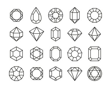 Çizgi taşları. Hazine elmasları ve çizilmiş değerli taşlar, lüks mücevher geometrik semboller ince vuruşlar logo tasarımı. Vektör izole edildi. Zümrüt ve safir olarak farklı pahalı mücevher simgeleri.